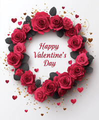Czerwone róże i napis w środku: Happy Valentine's Day - ramka z kwiatów i serc - Walentynki 14 luty © Silent26