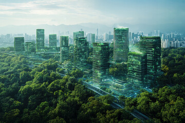 Obraz premium A modern city blending with dense green forests, featuring innovative green architecture and sustainable urban planning for environmental harmony.