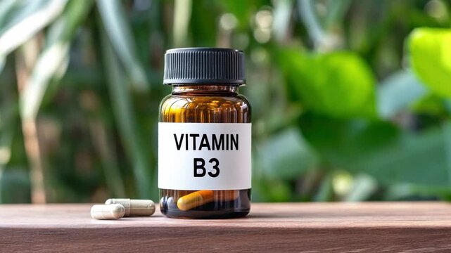 Brightly labeled bottle of Vitamin B3 supplements placed on a wooden table surrounded by green plants