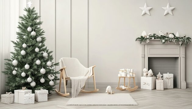 Holiday able with christmas tree and fireplace with copy space