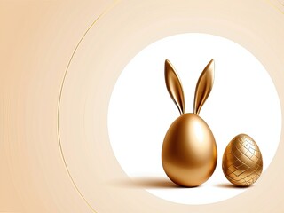 Golden Easter eggs with bunny ears, beige background, elegant design, copy space