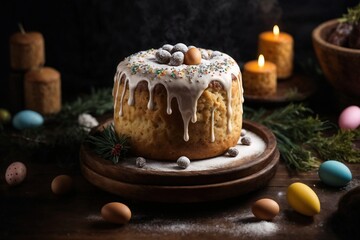 Easter cake covered white icing with colored sprinkles closeup on rustic dark wooden background