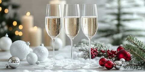 Elegant festive champagne glasses with Christmas baubles