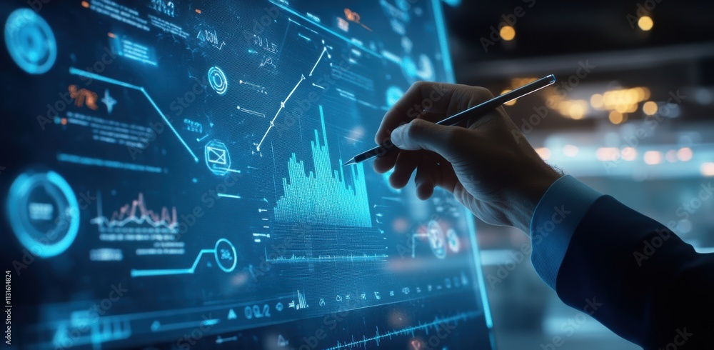 Poster A skilled professional, dressed in a sharp suit, engages with a digital interface displaying complex graphs and data analytics about his personal goals and selfimprovement in his career