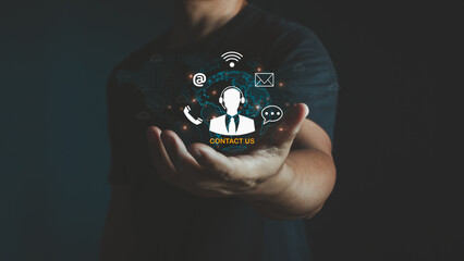 Business people show Customer Support on global structure network, Customer Service, Assistance, Solutions, Satisfaction, and Accessibility. Technical support customer service call center 24-7 online