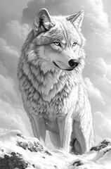 Fototapeta premium Majestic arctic wolf sitting on snowy mountain, grayscale.