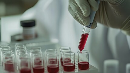 Fototapeta premium scientist holding medical testing tubes or vials of medical pharmaceutical research with blood cells and virus cure using DNA genome sequencing biotechnology as wide banner hologram