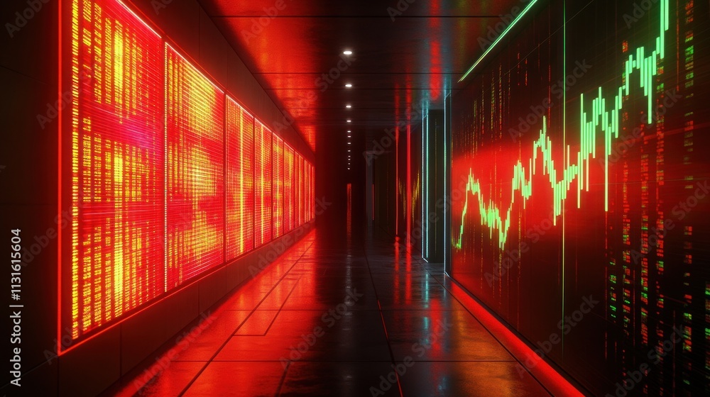 Poster a futuristic corridor displaying vibrant financial data visualizations.