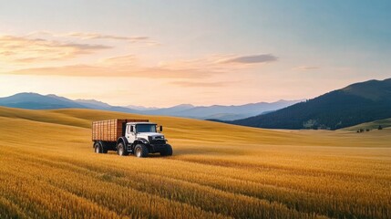 Fototapeta premium Truck transporting harvested crops across golden fields at sunset with mountains in the distance