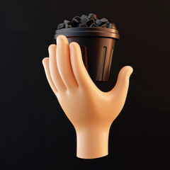 3d cartoon style hand holding black garbage bin on dark background for environmental pollution and waste management themes