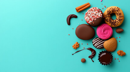 Sweet Surrender: A delightful assortment of assorted cookies, donuts, and chocolates arranged on a teal background.  Perfect for bakery menus, food blogs, and sweet treat promotions. 