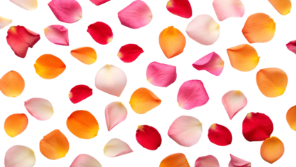 A dynamic spread of vibrant pink rose petals on a transparent background, creating an elegant and romantic composition. Ideal for overlays, wedding themes.