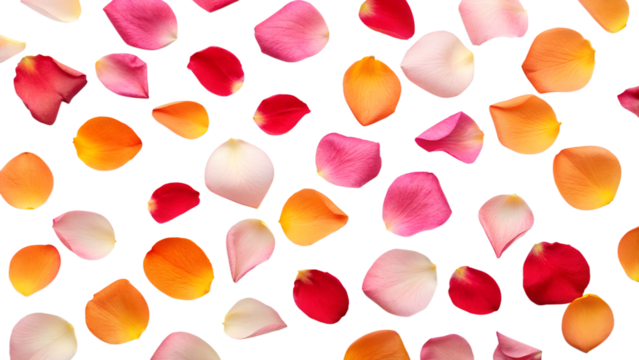 A dynamic spread of vibrant pink rose petals on a transparent background, creating an elegant and romantic composition. Ideal for overlays, wedding themes.