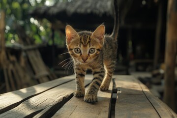 Walking across the board, a black and white tabby kitten licks its nose