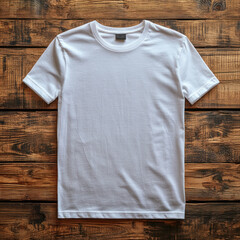 top view of white t-shirt laid on rustic wooden planks for minimalist apparel mockup and branding presentation