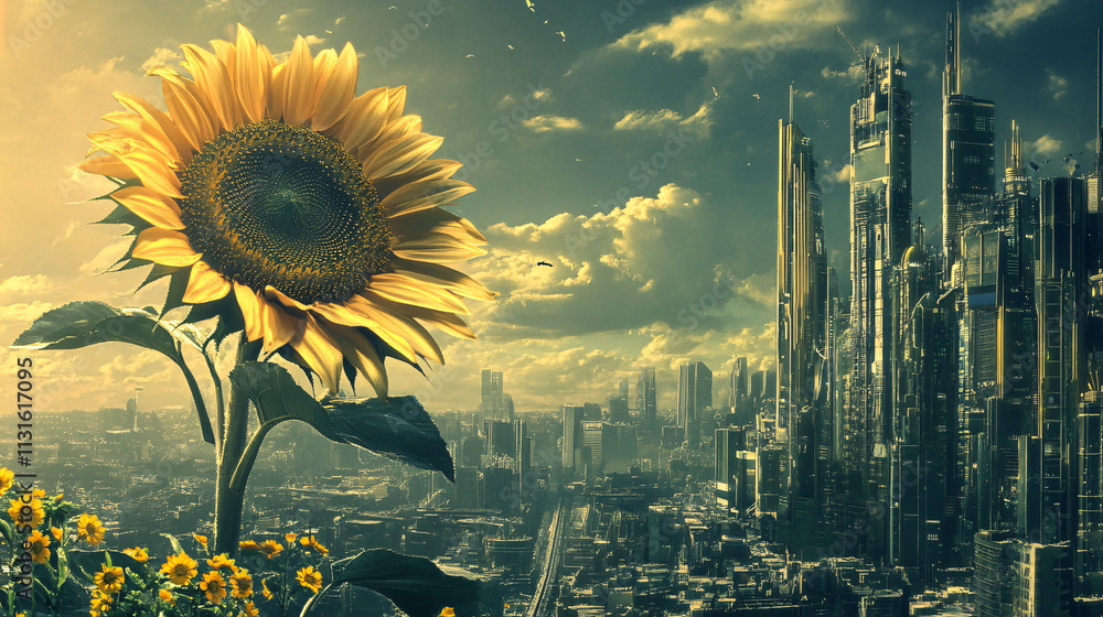 Poster a sunflower with futuristic buildings and utopian architecture sprouting from its bloom, symbolizing
