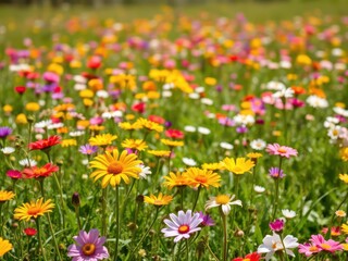 Obraz premium A beautiful landscape of vibrant yellow daffodil flowers blooming in a field under a clear blue sky, colorful, outdoors, flora