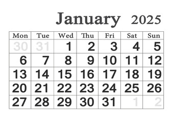 Planner calendar for January 2025. Monthly Organizer. 2025 Monthly Planner