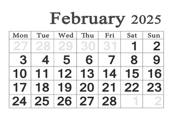 Planner calendar for February 2025. Monthly Organizer. 2025 Monthly Planner