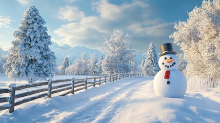 Obraz premium Joyful snowman on snowy road in winter wonderland.
