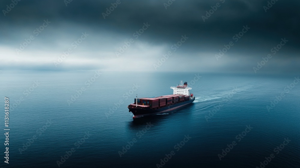 Poster container ship navigating through calm waters under a moody overcast sky in tranquil ocean environme