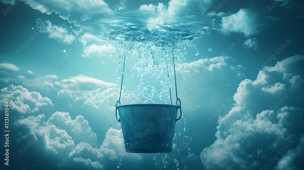 Poster a surreal floating bucket in a dream-like landscape, with water overflowing and cascading into the s