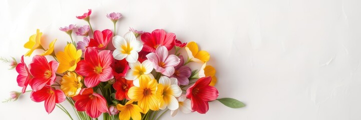 Obraz premium Beautiful spring flowers including tulips, daisies, and daffodils arranged on a delicate paper background, bright, romantic
