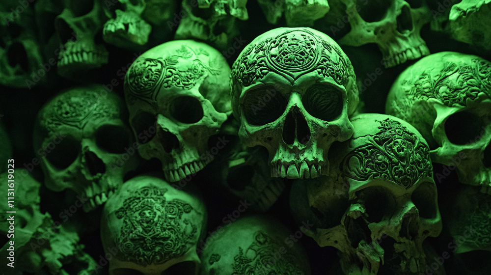 Poster a towering pile of intricately carved skulls, each displaying unique designs and patterns, illuminat