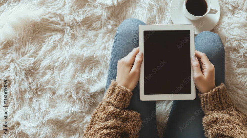 Poster woman sitting on fluffy carpet with cup of coffee and using tablet pad with blank screen. cozy work 