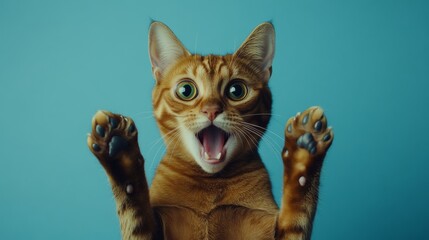 Cat face with paws on head on blue background. Stock image.
