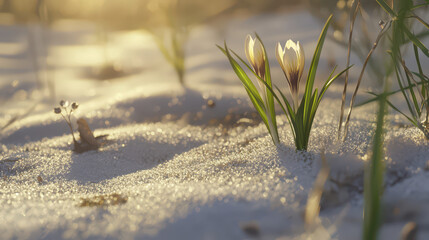 serene nature scene featuring delicate flowers emerging from sandy soil, illuminated by soft sunlight. tranquil atmosphere evokes sense of peace and renewal