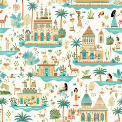 Obraz premium Seamless pattern with oriental architecture, palm trees, silhouettes of people and horses, ethnic patterns and decorative elements, made in a warm palette with inspiration from Eastern culture. 