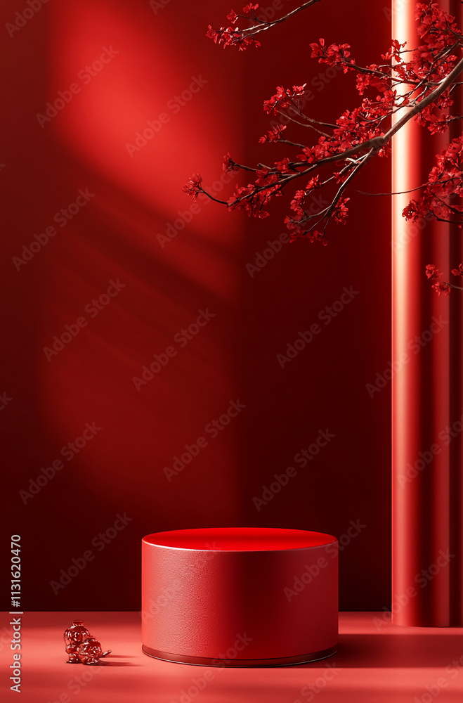 Poster Red-themed visual display featuring blossoms and minimalist elements in a modern space