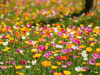 Fototapeta premium Lush field of vibrant daffodil flowers in bloom on a sunny day, colorful, meadow, spring