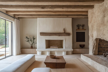 elegant neutral living room with white sectional sofa, wooden textures, and minimalist natural decor