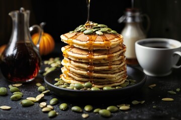 delicious homemade american pancakes with sweet syrup and pumpkin seeds on black background close up	