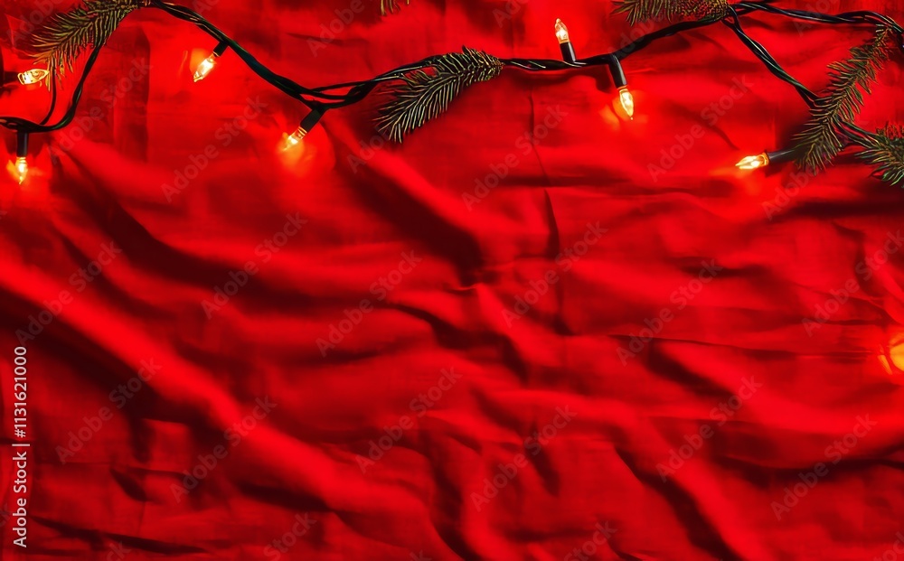 Poster a scenic christmas setting with a christmas tree and shimmering bokeh lights on a red background. pe