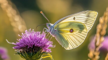 Obraz premium A close-up of a yellow butterfly perched on a purple flower in a natural setting.