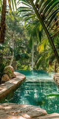 Eco-resort nestled in the lush jungle of Tulum featuring a natural swimming pool, vibrant greenery, organic architecture, and crystal-clear waters for a tropical paradise retreat.