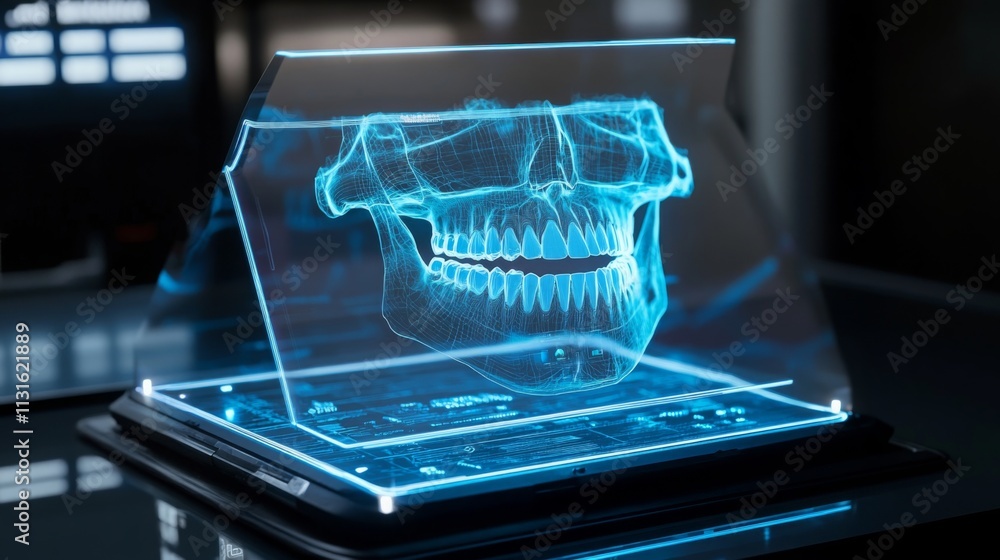 Aufkleber A futuristic display showcases a 3D holographic model of a human skull, emphasizing dental structures. This digital representation highlights the potential of technology in modern dentistry.
