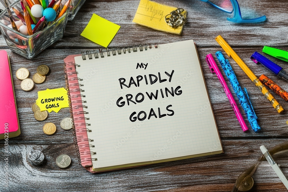Aufkleber A neat and attractive workspace features a prominently displayed notebook titled My Rapidly Growing Goals, surrounded by colorful pens, coins, sticky notes, and a stylish cup of stationery