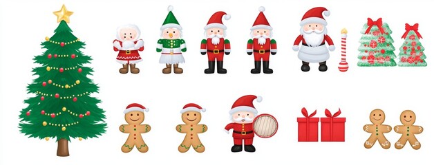 Naklejka premium Christmas decorative banner that includes Santa Claus, nutcrackers, a locomotive, girls, gingerbread, and gift boxes in a vintage aesthetic