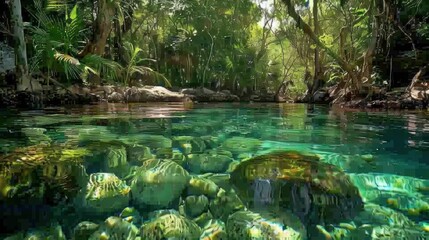 Eco-resort nestled in the lush jungle of Tulum featuring a natural swimming pool, vibrant greenery, organic architecture, and crystal-clear waters for a tropical paradise retreat.