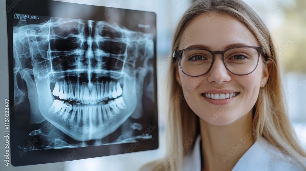 Aufkleber a dentist showcases the integration of artificial intelligence in dental practices while smiling nex