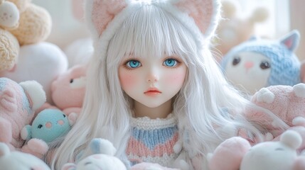 A lonely child's gaze amidst an ocean of soft toys.