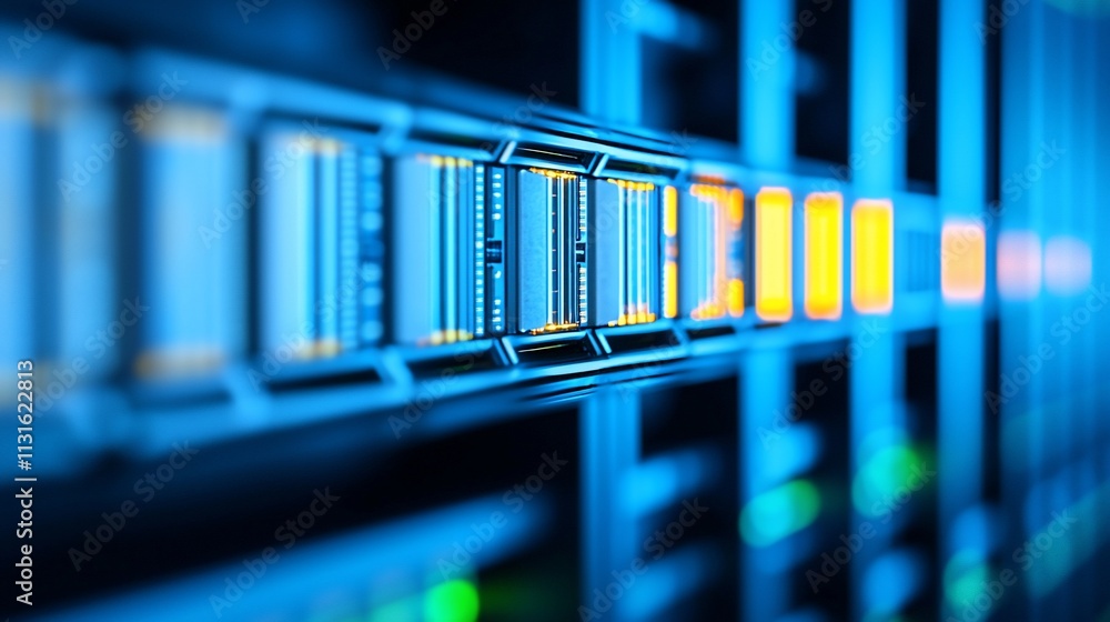 Poster Close-up of illuminated server rack in data center.