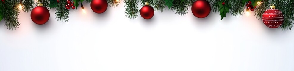 Snowberries and green Christmas tree branches create a festive garland with red decorations and cones, isolated on a white or transparent background.