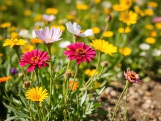 Obraz premium Vibrant yellow daffodil flowers blooming in a lush green field under the bright sun, nature, plant, floral