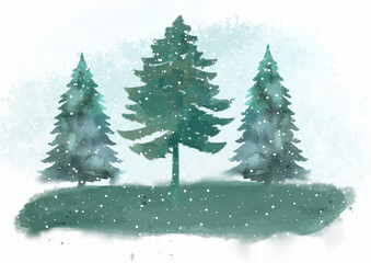 Watercolour Forest Winter Landscape Scenery
