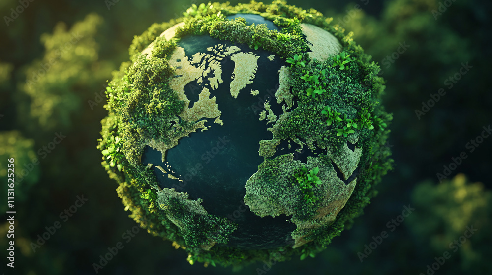 Poster an abstract world globe where the continents are formed by dense green foliage, symbolizing environm